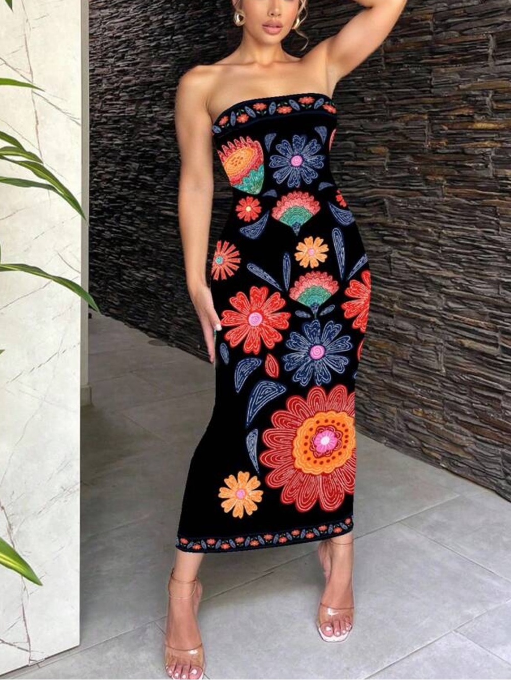 Strapless Red & Black Patterned Bodycon Midi Dress